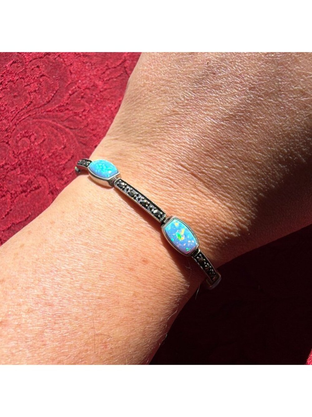 Vintage Art Deco Revival Sterling Silver Blue Opal Marcasite Bar Link Bracelet